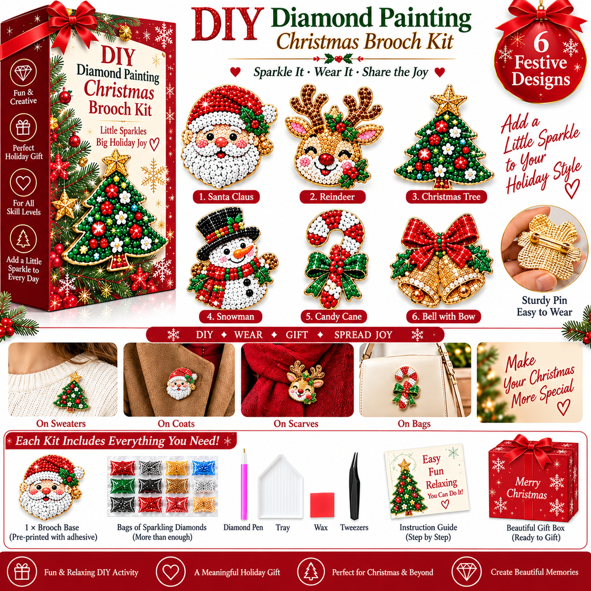 ⏳ Last day to save 49% –🎄Beginner-Friendly Christmas Diamond Painting Brooch DIY Kit | 6 Festive Designs with Sparkling Gems & Pin Backs 💎