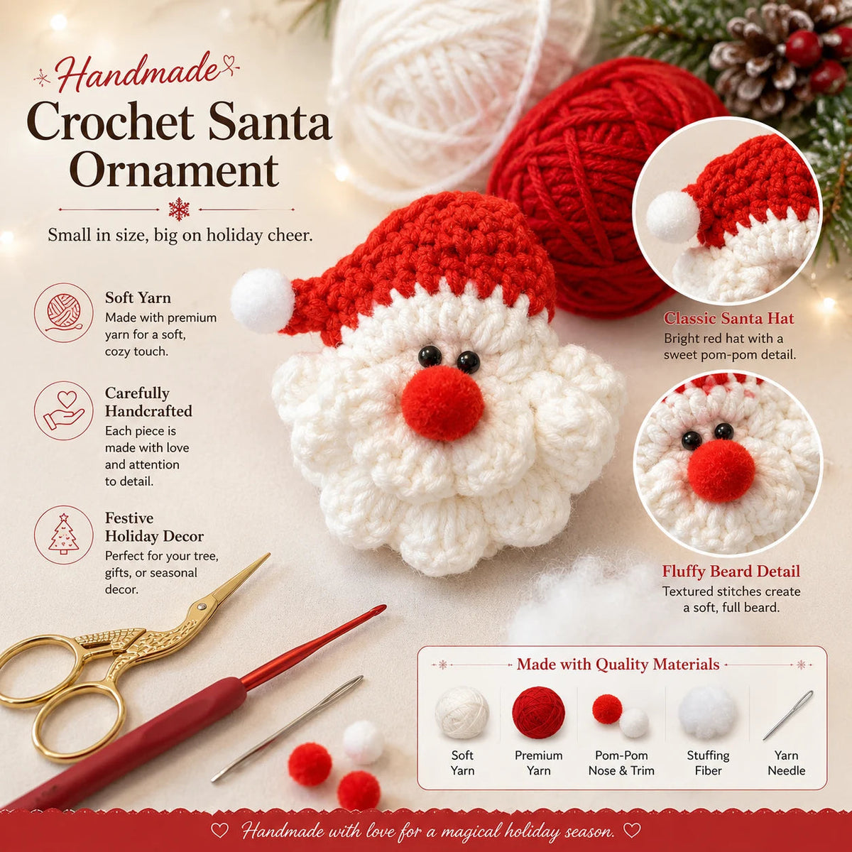 🎅100% Handmade Crochet Santa Ornament(Ethan Carter Handmade®)  - The Best Christmas Gift